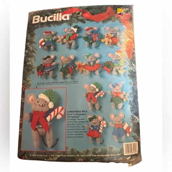 vintage 1994 Bucilla "Christmas Mice" set of 12 ornament felt applique kits - Picture 1 of 4
